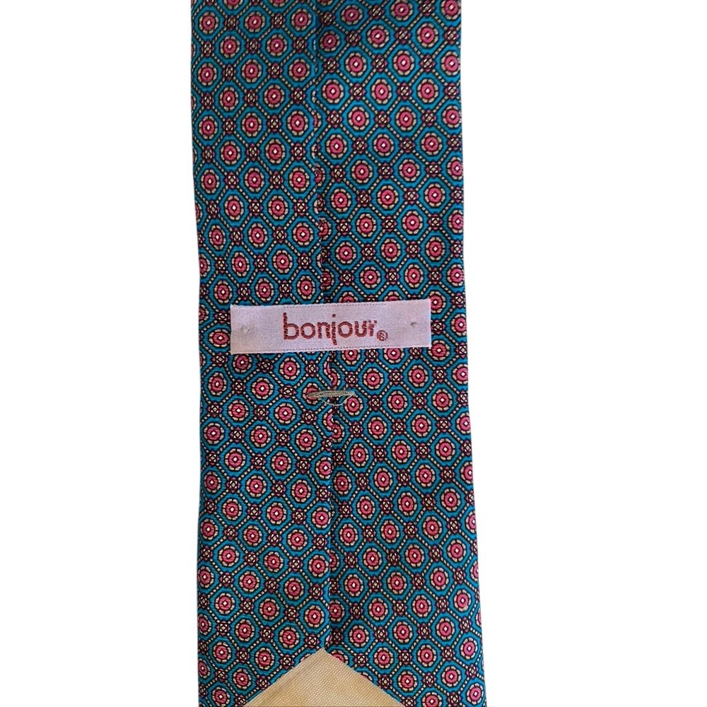 Bonjour Mens Silk Necktie Teal Blue Pink Geometric Medallion Print Traditional